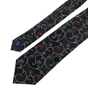 Paul Fredrick Black Silk Floral Patterned Tie Hand Made 100% Imported Silk 3.5"
